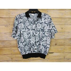 Vintage Women Shirt 14 Large Black White Paisley Short Sleeve Satin Lauren Lee